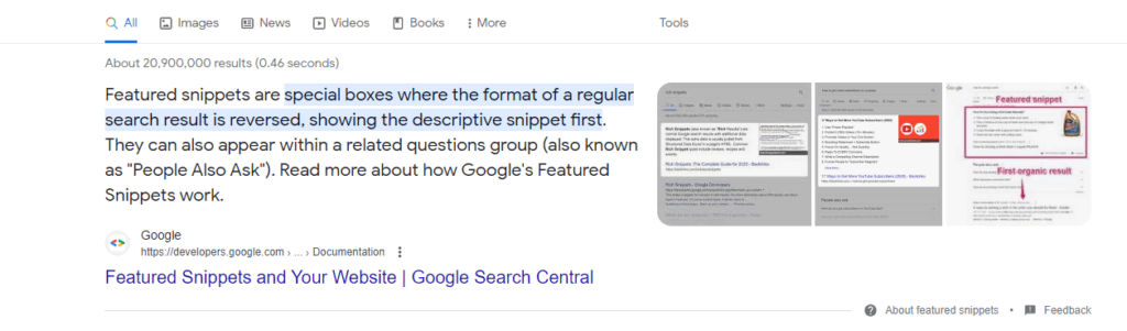 Featured Snippets on Google Search Results Page